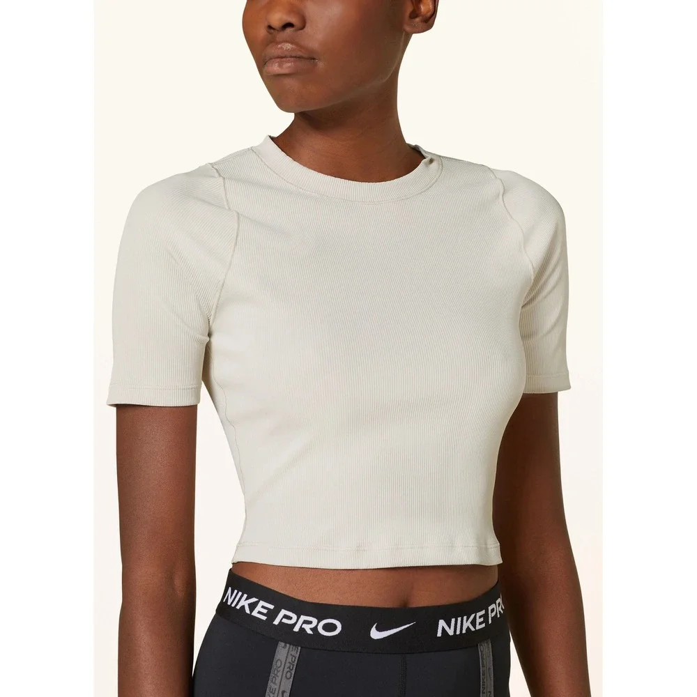 Nike Pro Dri-FIT InfinaSoft Essentials Cropped Ribbed T-Shirt Cream Beige Small